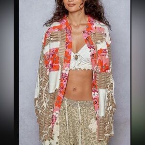 Boho Patchwork Open Front Shirt Jacket - Pink Multicolor